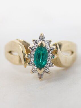 10k Gold Emerald & Diamond Ring, Marquise Cut, Size 5.25